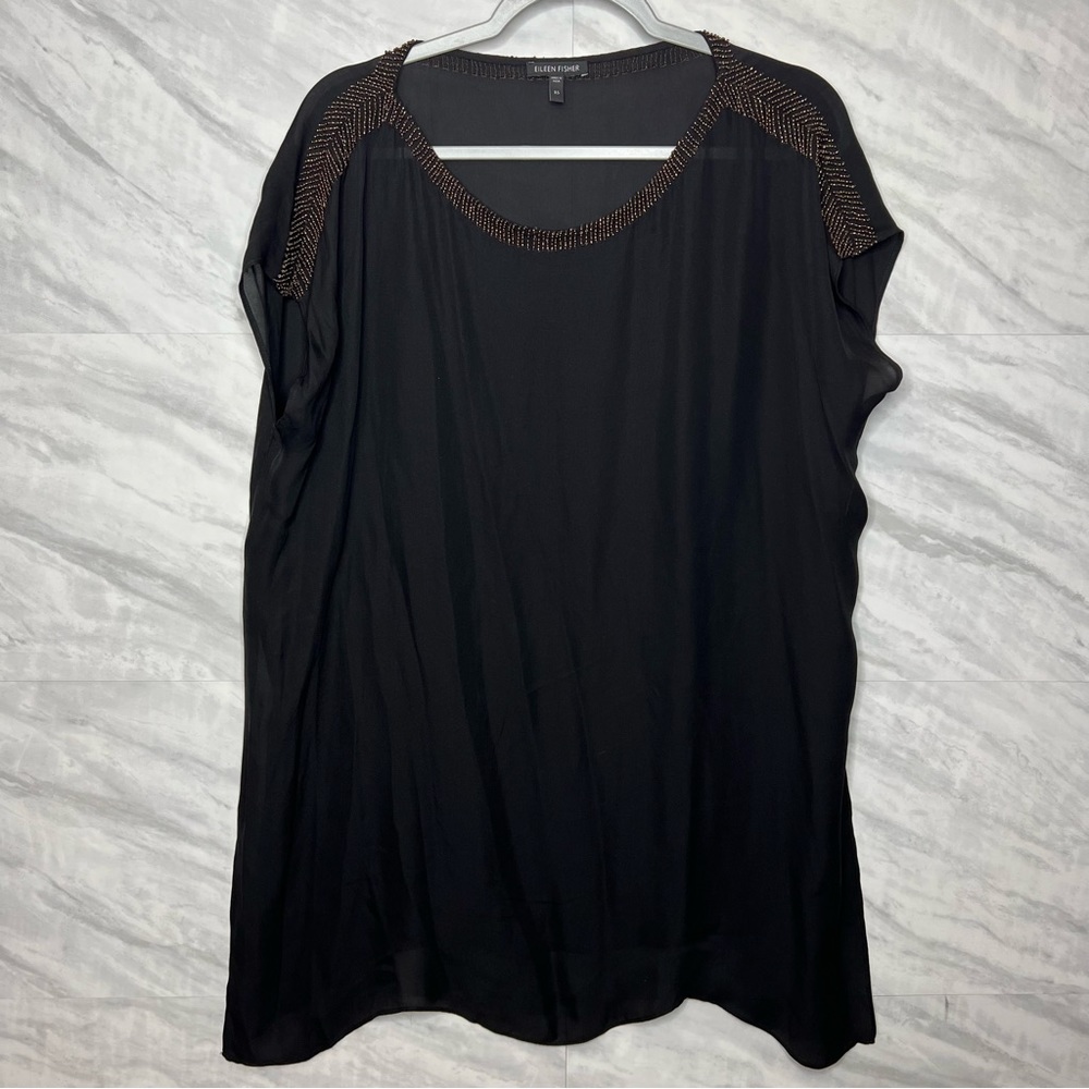 Eileen Fisher Silk Beaded Short Sleeve Tunic Blouse Black XS